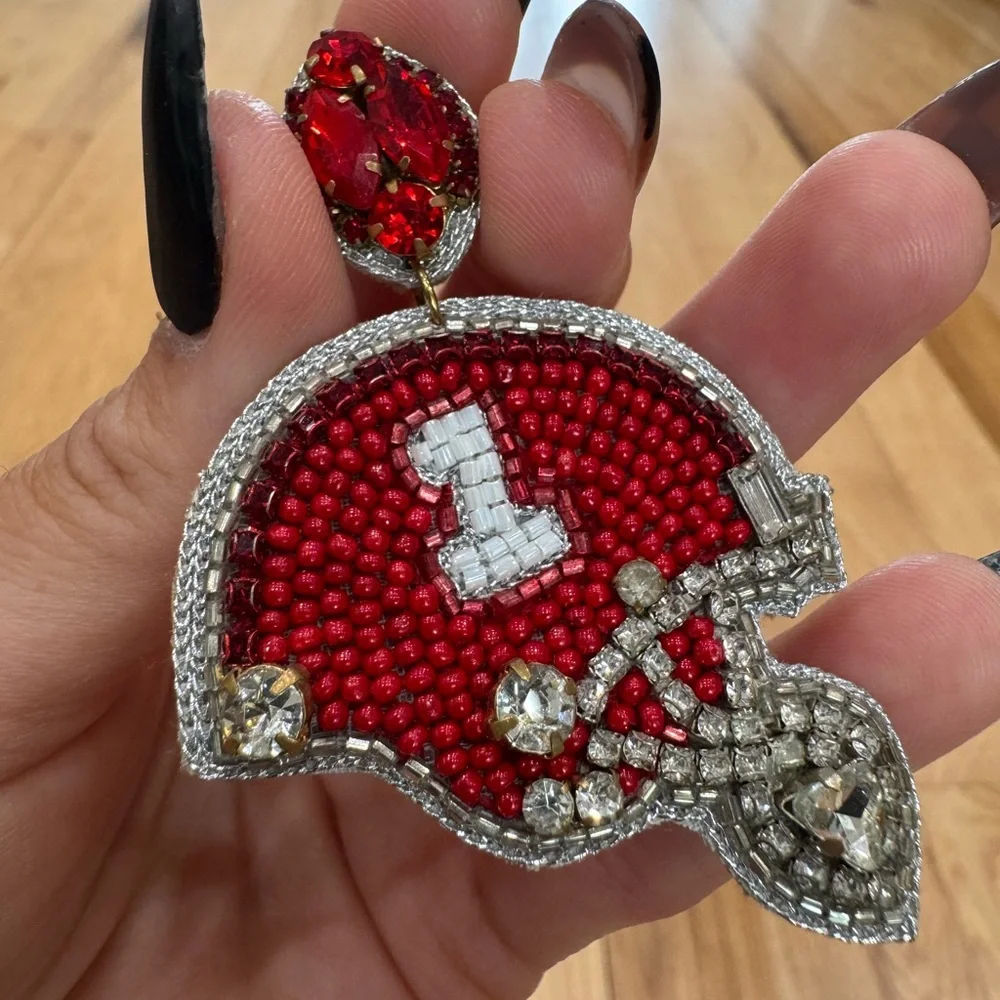 Taylor Shaye Red and Silver Beaded Football Helmet Earrings worn 1x - Picture 3 of 7